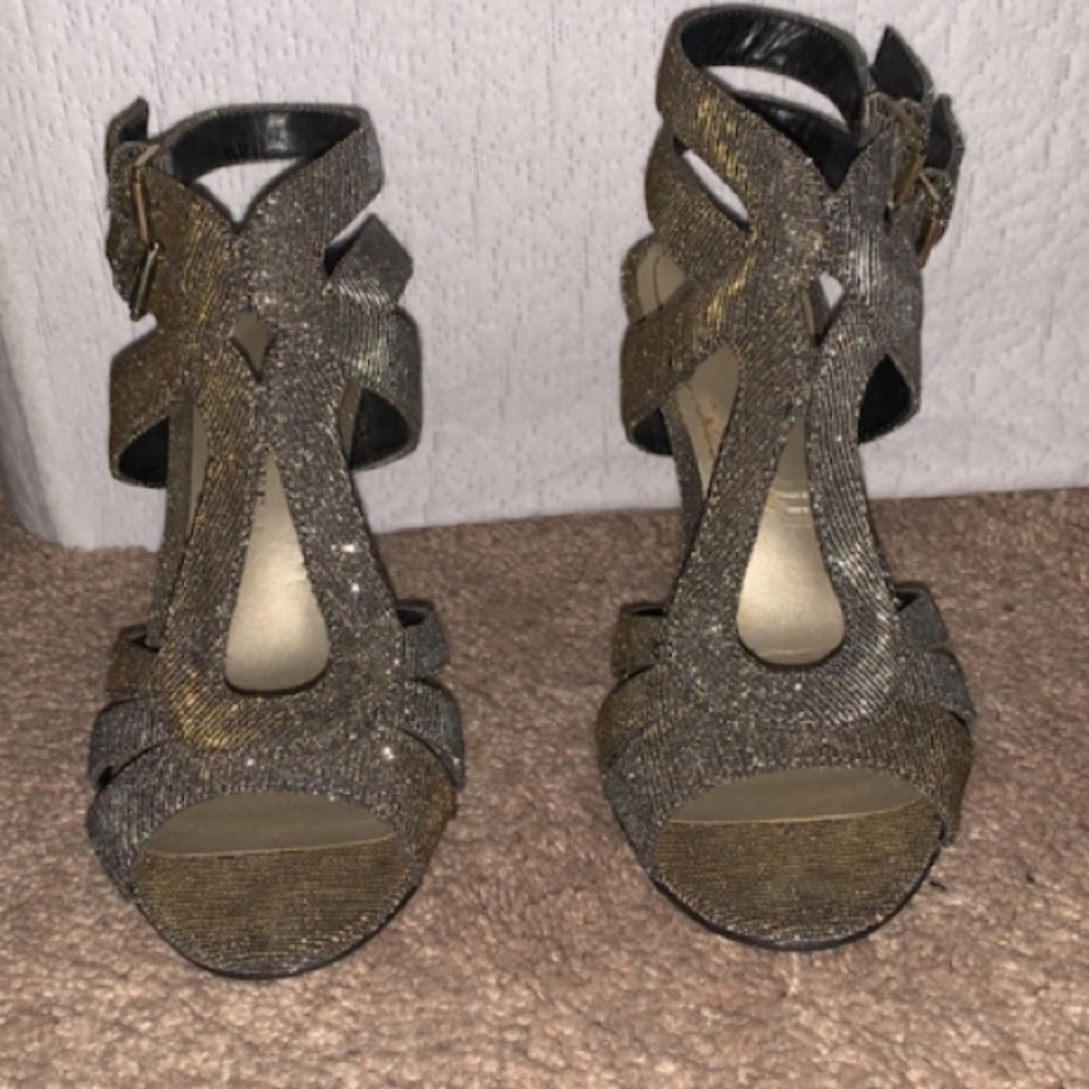 Brown and silver chrome heels
